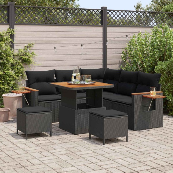 Garden sofa set with pillow 9 pcs Black polyrattan