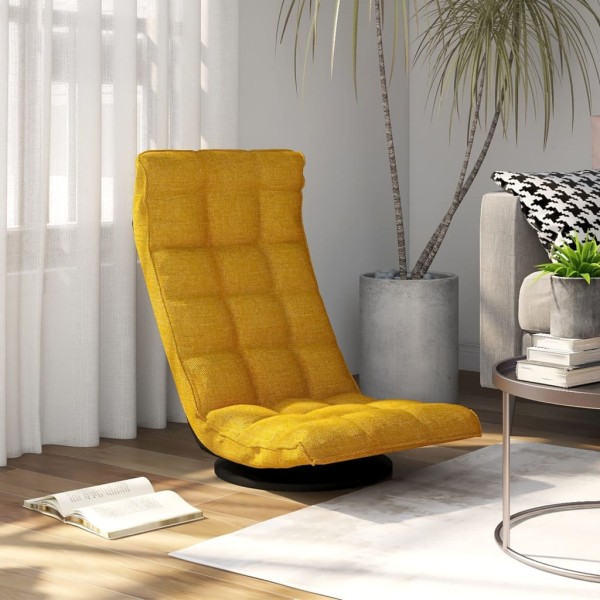 A swivel chair is placed on the floor, mustard yellow, fabric