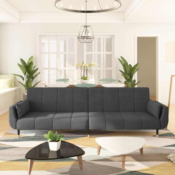 Double sofa-bed with two pillows, gray, velvet