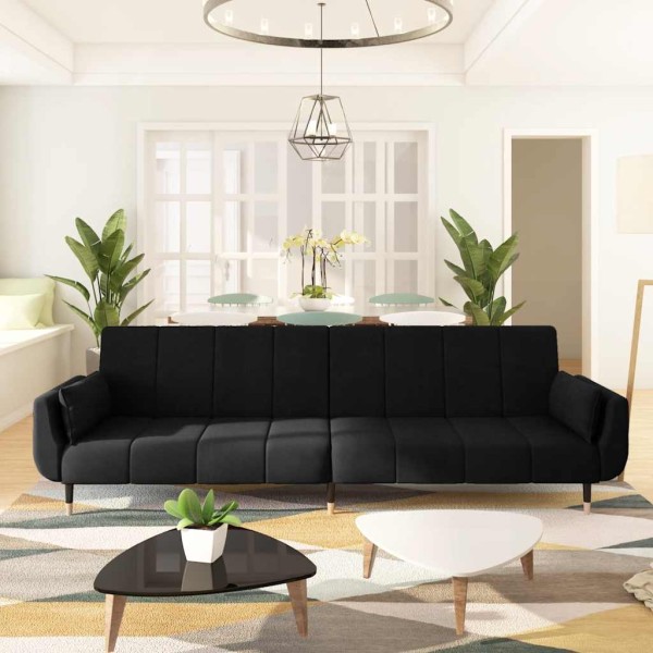 Double sofa-bed with two pillows, black, velvet