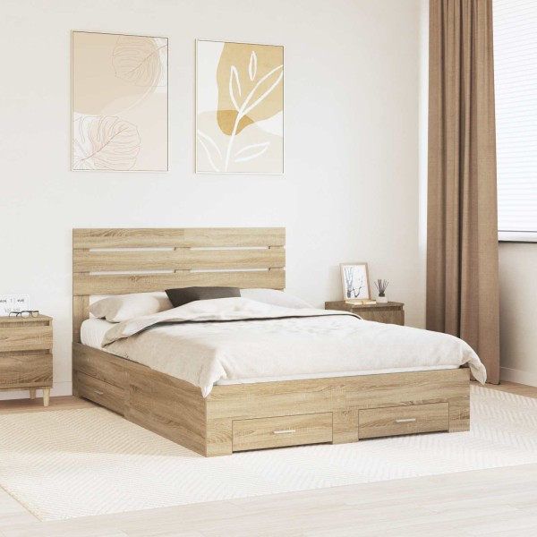 Bed frame with drawers and headboard. Treated wood