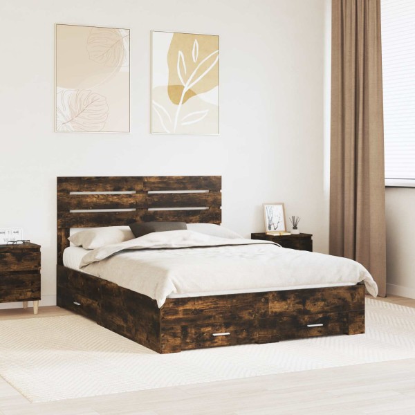 Bed frame with drawers and headboard. Treated wood