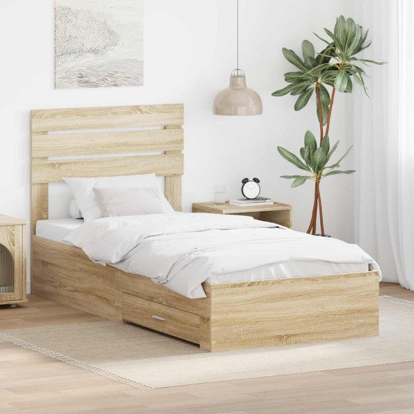 Bed frame with drawers and headboard. Treated wood