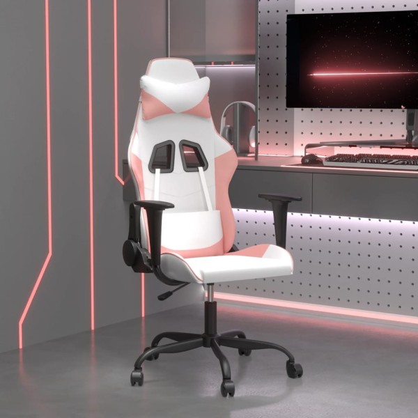 Massage gaming chair, white and pink, artificial leather
