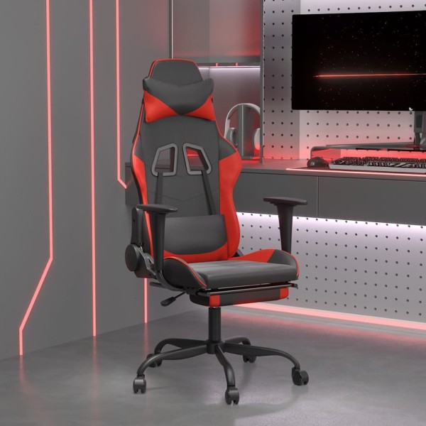 Massage gaming chair with footrest, black and red, artificial leather