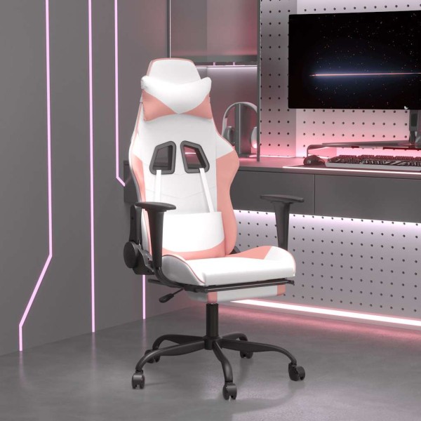 Massage gaming chair with footrest, white and pink, artificial leather