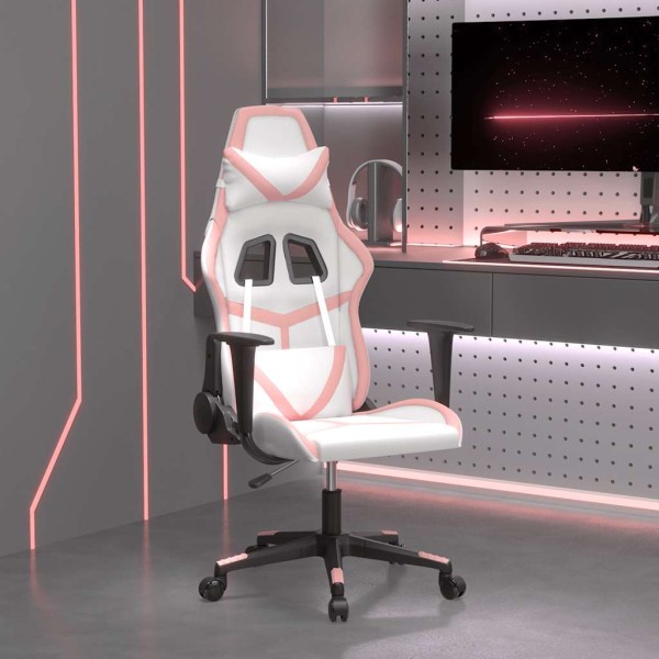 Massage gaming chair, white and pink, artificial leather