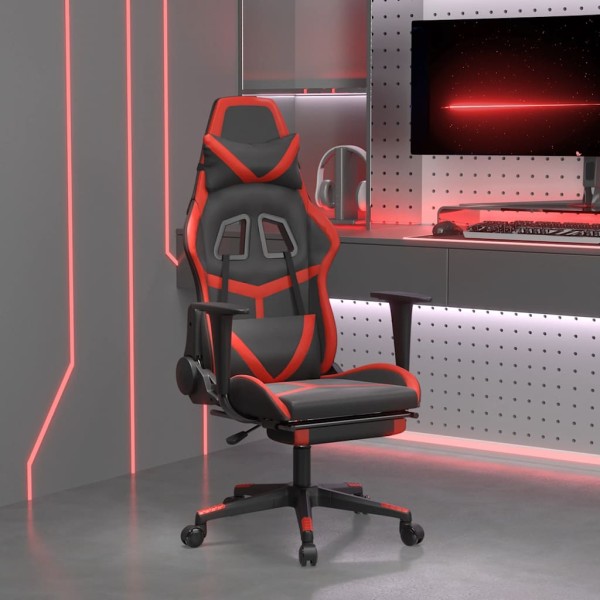 Massage gaming chair with footrest, black and red, artificial leather