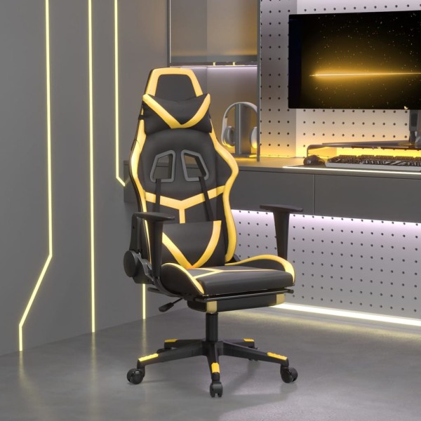 Massage gaming chair with footrest, black and gold, artificial leather