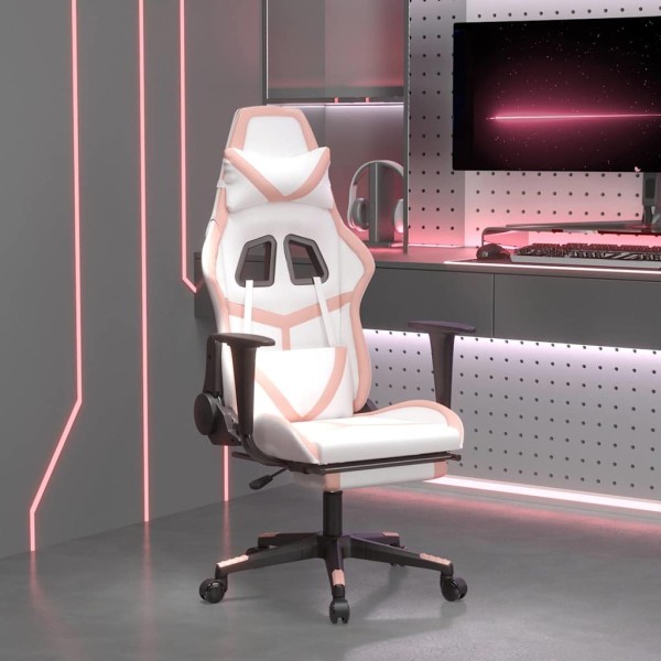 Massage gaming chair with footrest, white and pink, artificial leather