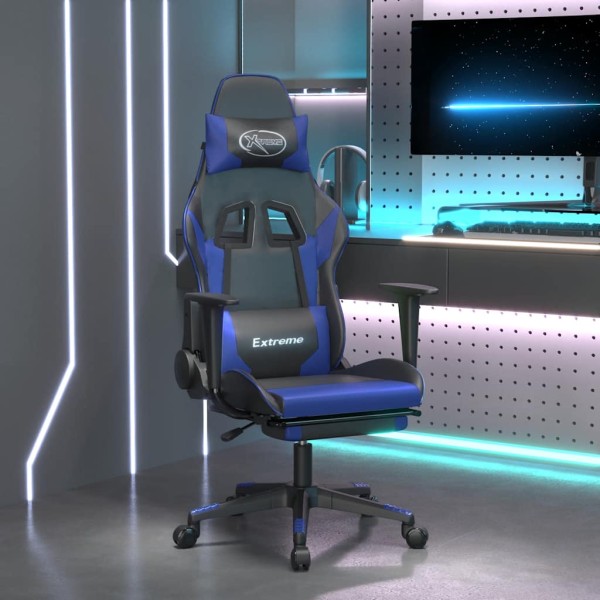 Massage gaming chair with footrest, black and blue, artificial leather