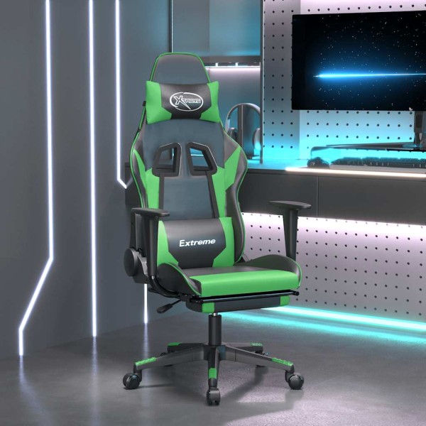 Massage gaming chair with footrest, black and green, artificial leather
