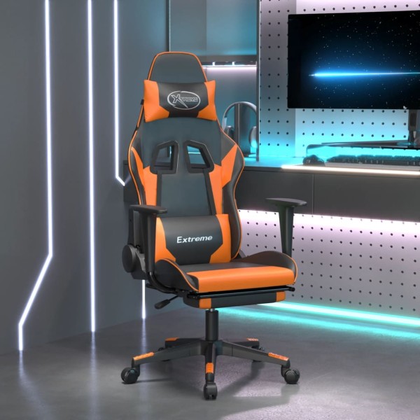 Massage gaming chair with footrest, black/orange, artificial leather