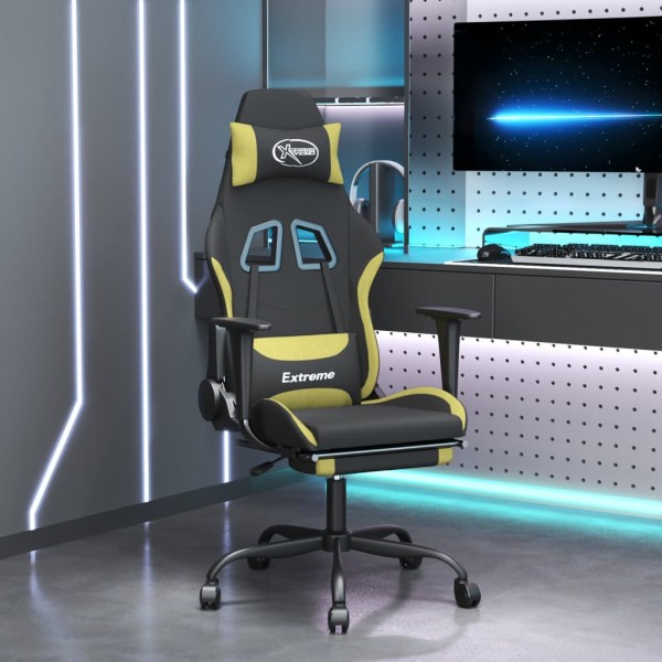 Massage gaming chair with footrest, black/light green, fabric