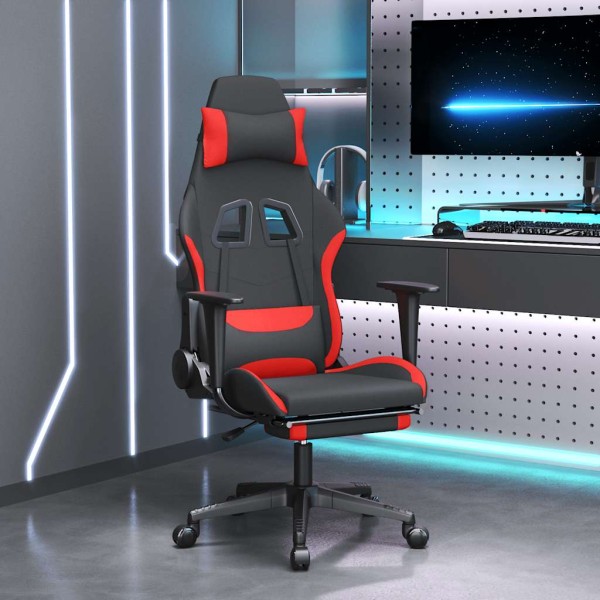 Massage gaming chair with footrest, black and red, fabric