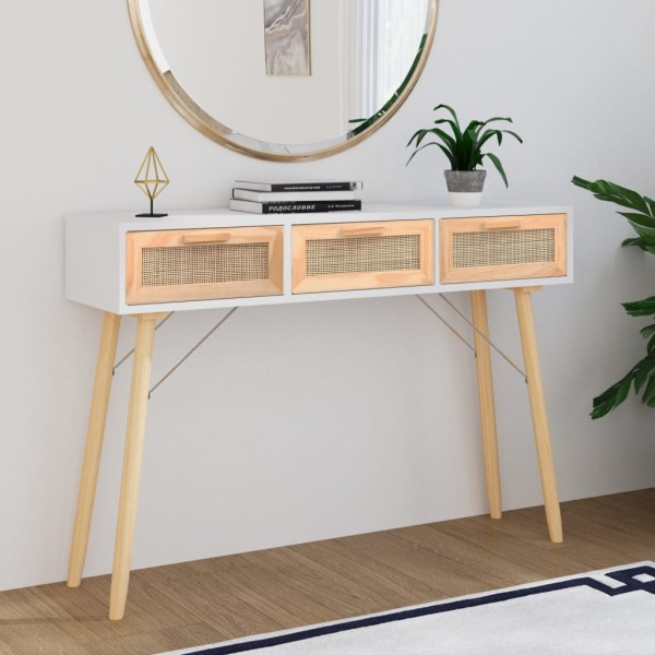 Console table, white, 105x30x75cm, pine and rattan