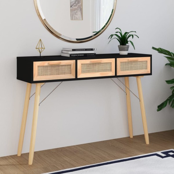 Console table, black, 105x30x75cm, pine and rattan