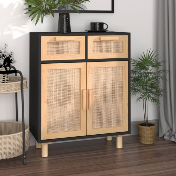 Side cabinet, black, 60x30x75cm, solid pine and rattan