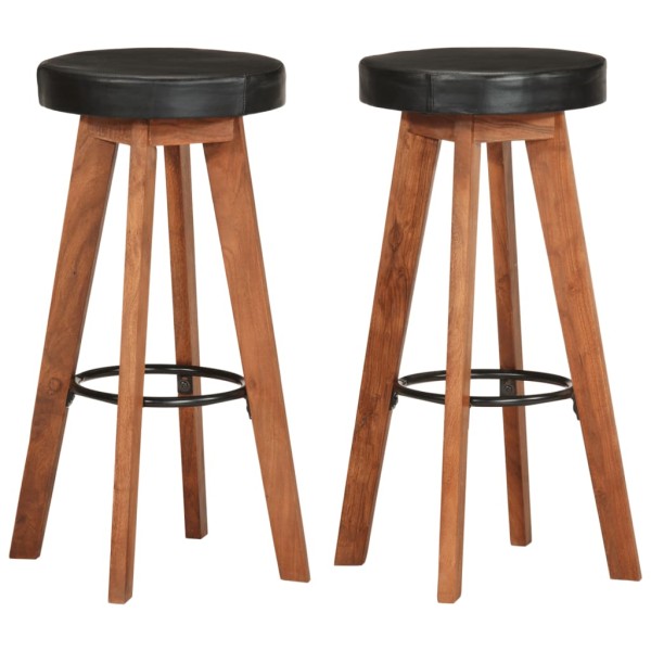 Bar stools, 2 pcs., genuine leather and solid acacia wood