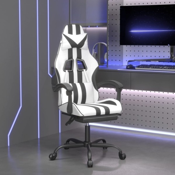 Swivel gaming chair with footrest, white and black, artificial leather