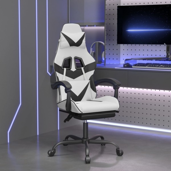 Swivel gaming chair with footrest, white and black, artificial leather