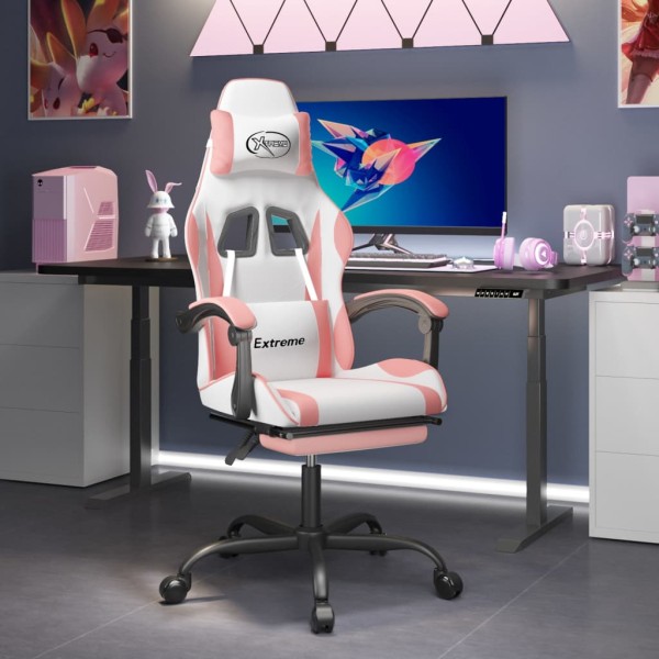 Swivel gaming chair with footrest, white and pink, artificial leather