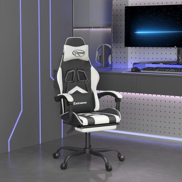 Swivel gaming chair with footrest, black and white, artificial leather