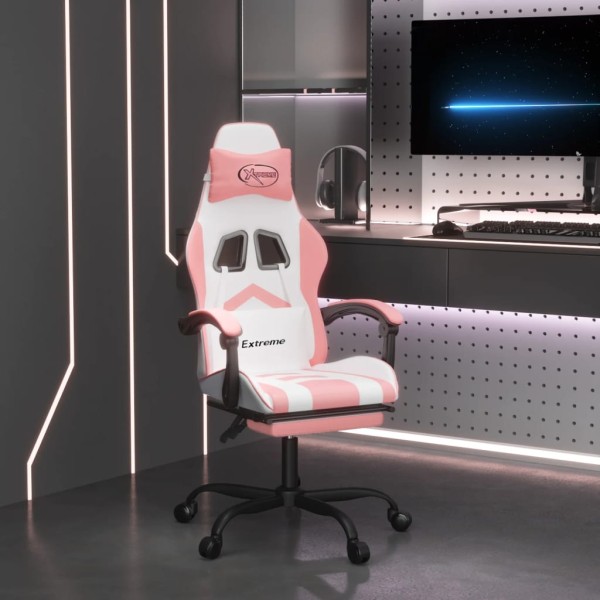Swivel gaming chair with footrest, white and pink, artificial leather
