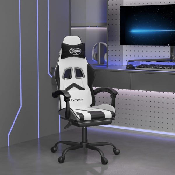 Swivel gaming chair with footrest, white and black, artificial leather