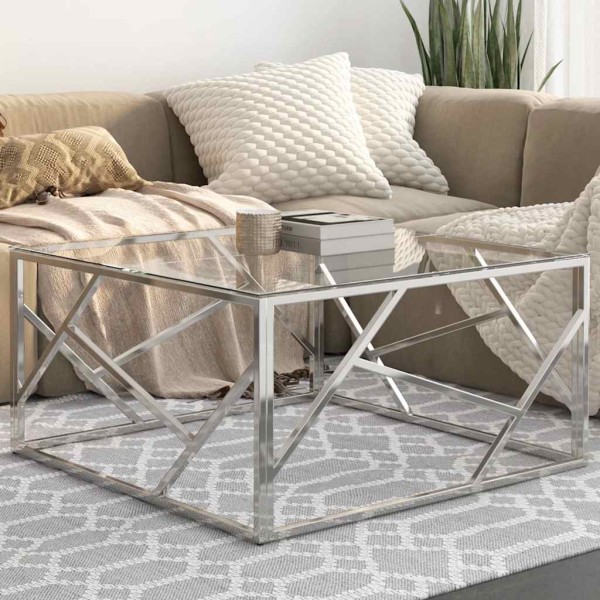 Coffee table, silver, steel and tempered glass