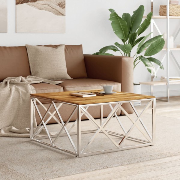 Coffee table, silver, stainless steel and acacia