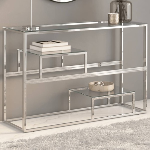 Console table, silver, steel and tempered glass