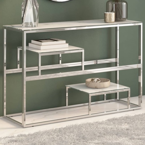 Console table, silver, steel and tempered glass