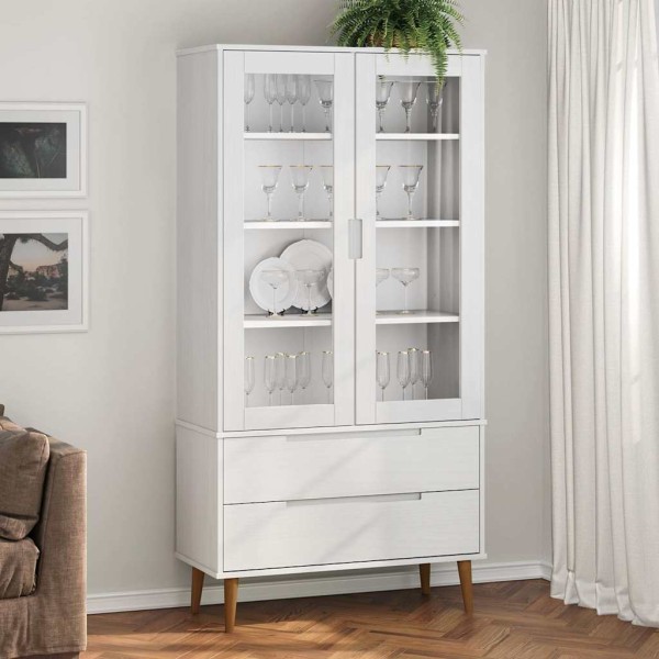 Display cabinet MOLDE, white, 90x35x175cm, solid pine