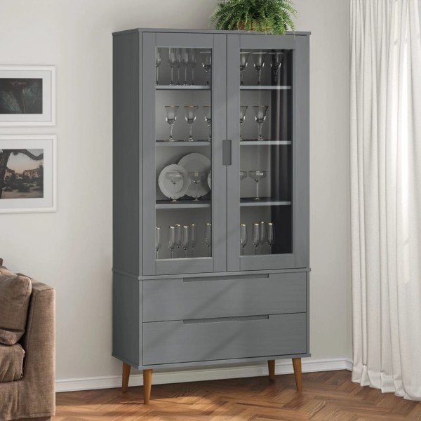 Display cabinet MOLDE, grey, 90x35x175cm, solid pine