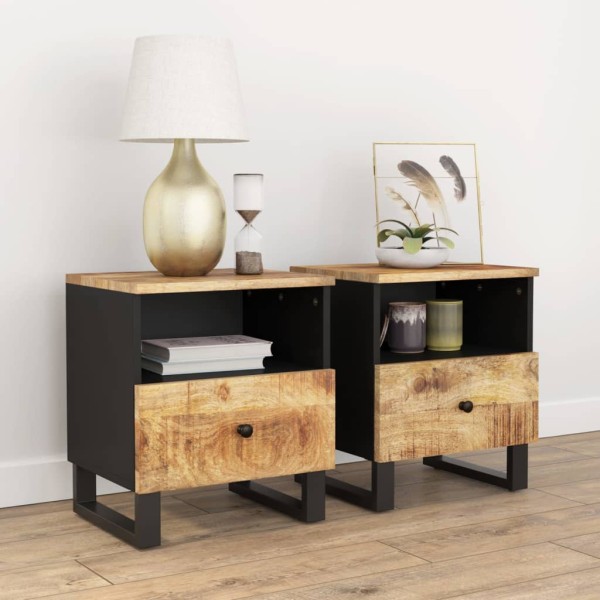 Bedside cabinets, 2 units, solid mango and processed wood