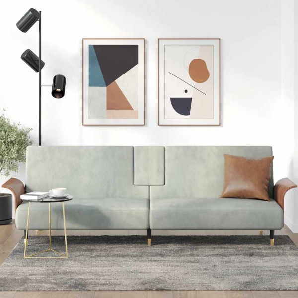 Sofa-bed with cup holders, light gray, velvet