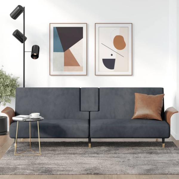 Sofa-bed with cup holders, dark gray, velvet