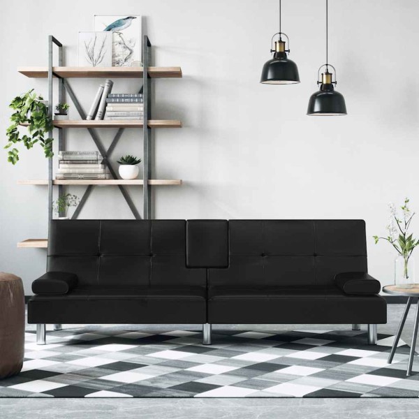 Sofa-bed with cup holders, black color, artificial leather