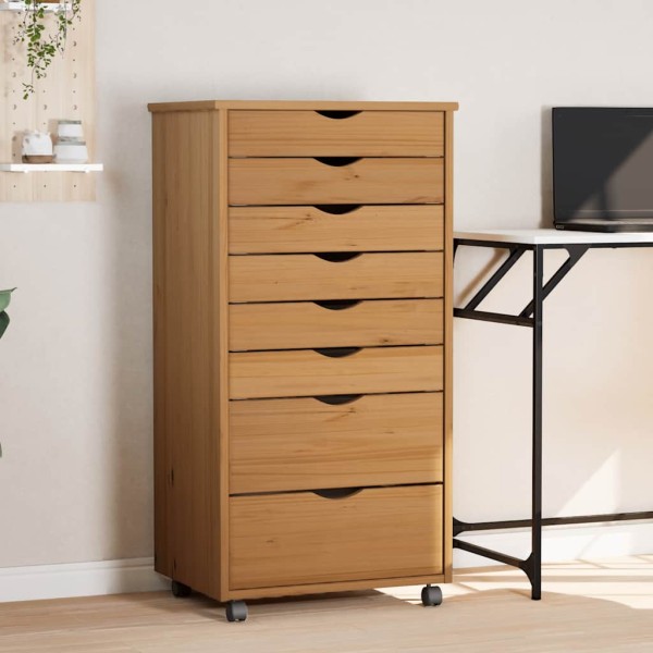 Cabinet with wheels and drawers MOSS, brown, solid pine