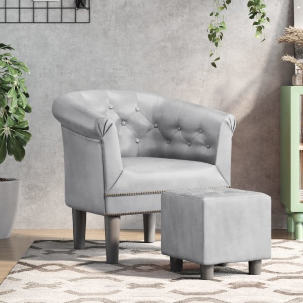 Armchair with footrest, silver color, artificial leather