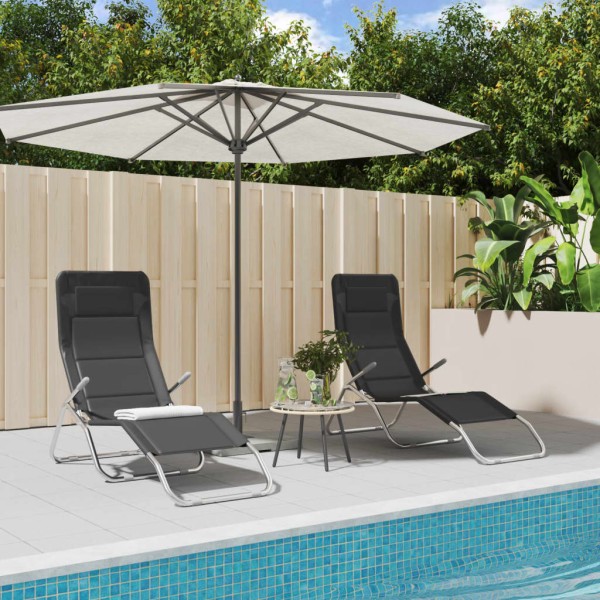 Folding sunbeds, 2 pcs., black, textile and steel
