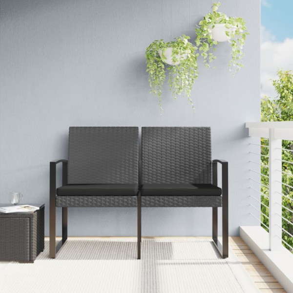 Double garden bench with cushions, gray, PP rattan