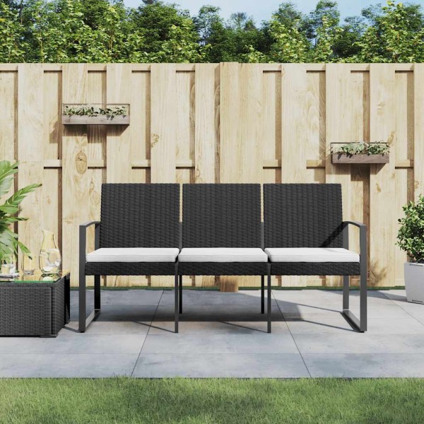 Triple garden bench with cushions, black, PP rattan