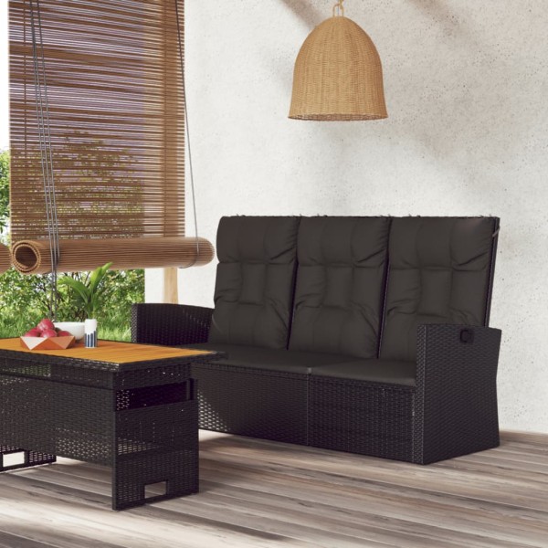 Garden bench with cushions, black, 173cm, polyrattan