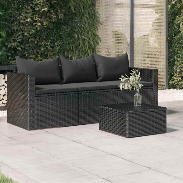 Three-seater garden sofa with cushions, black, polyrattan
