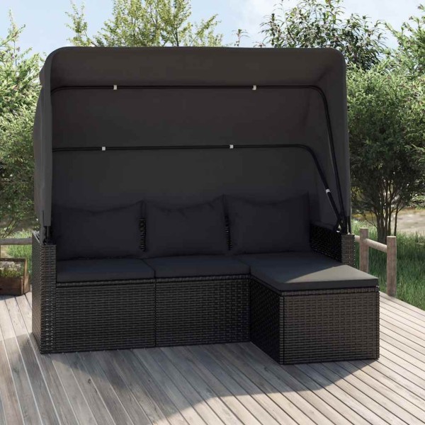 Three-seater garden sofa with canopy and footrest, black, polyrattan