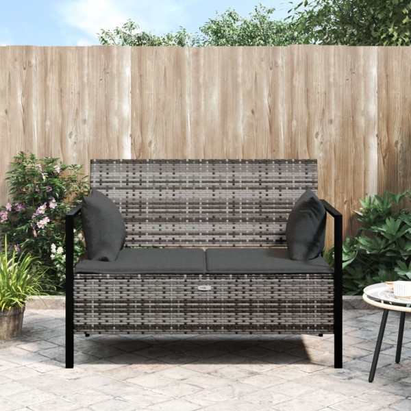Double garden bench with cushions, gray, polyrattan