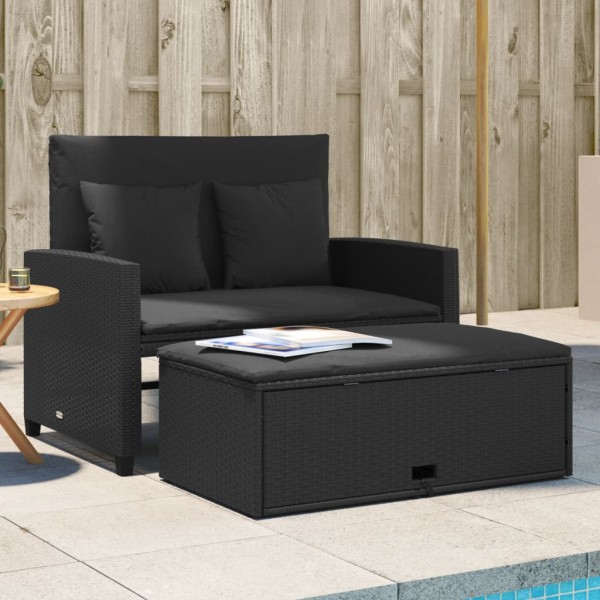 Two-seater garden sofa with cushions, black, polyrattan
