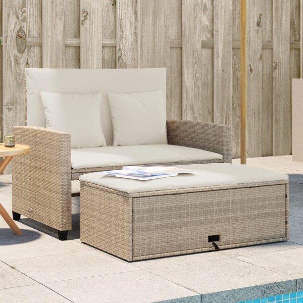 Two-seater garden sofa with cushions, beige, polyrattan